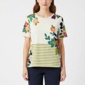 Spartina 449 Women's Cream Olive Stripe Colorful Floral SS T-Shirt Size L